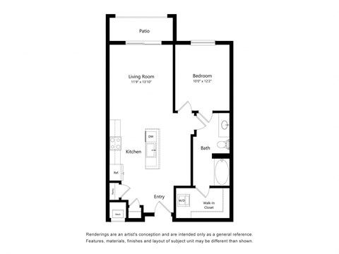 Floor plan for 1 bed, 1 bath, 754 sqft